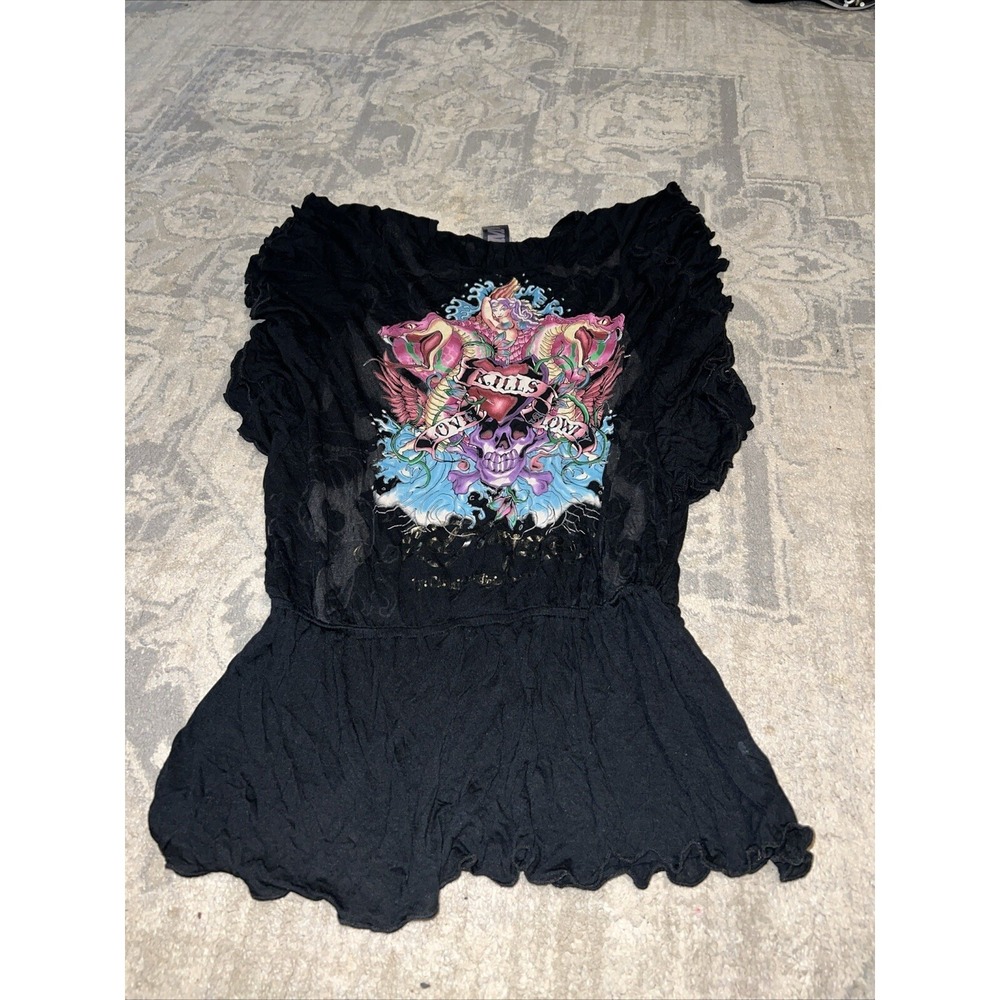 Ed Hardy‎ Shirt Women's Size Medium Elastic Waist Black Ruffle Winged Sleeves - Picture 2 of 6